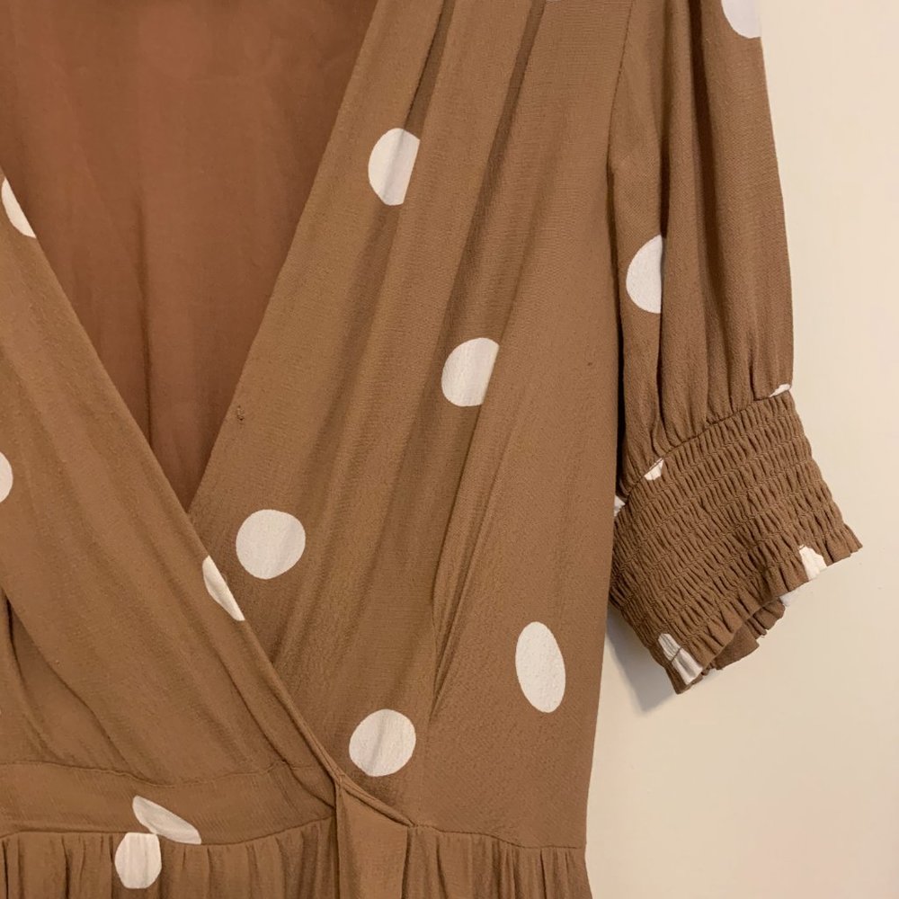 Maeve (Anthropologie) Brown and White Polka Dot Wrap Dress, Size 8 - Picture 3 of 3